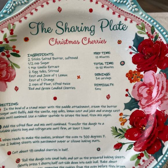 PIONEER WOMAN Cheerful Rose 12" Holiday Cookie Sharing Plate Platter Recipe Teal - Picture 4 of 10